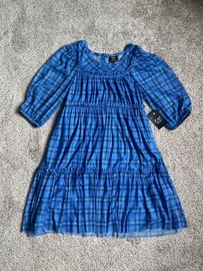 Blue Plaid Smocked Tiered Dress for Girls - Size 7/8